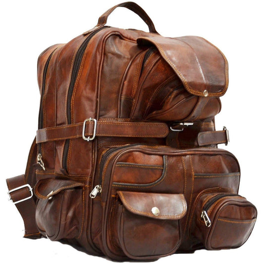 Extra Large Vintage Leather Rucksack Backpack with Multi Function Pockets